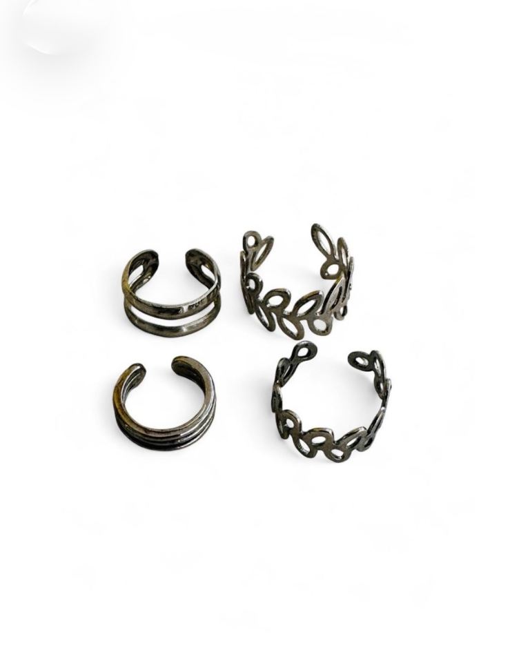Women's Girls 4 piece Silver Ear Cuff Earrings set - 4 rings are adjustable -rings silver in colour