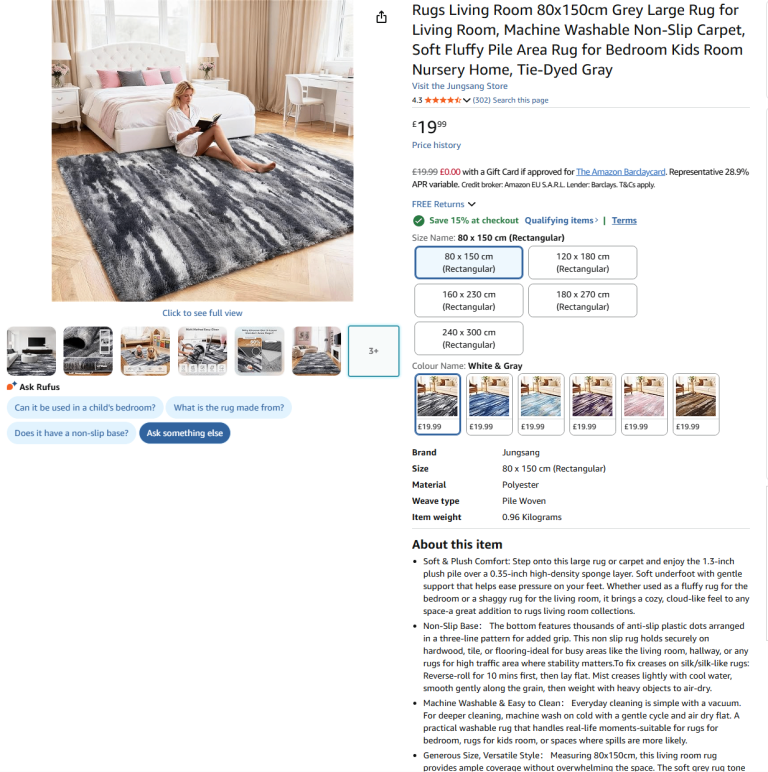 New Washable Grey Rug (80x150cm) - Half Price