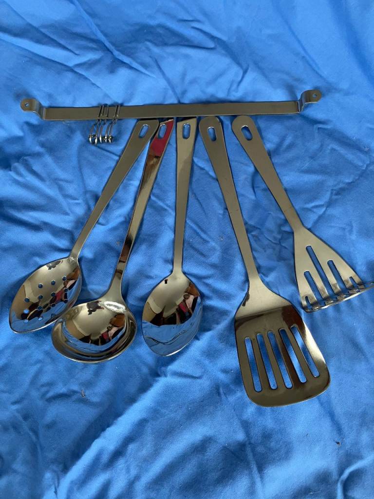 Brand New 5 Piece Stainless Steel Hanging Kitchen Utensils with Wall Hanger and Hooks