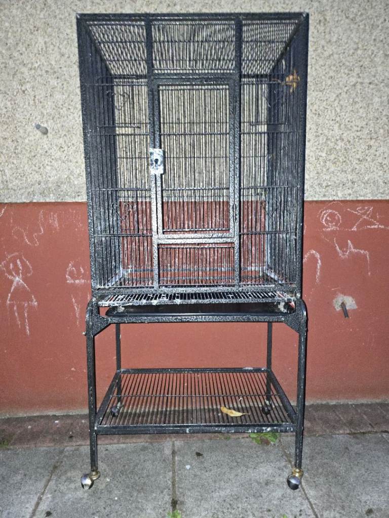 Large Black Metal Cage with Stand on Wheels – Fair Condition