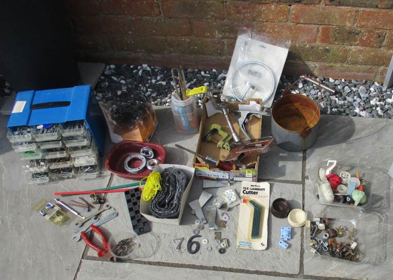 Bundle mostly vintage DIY items,screws,nails,vice,stapler,screw driver,paint kettle etc