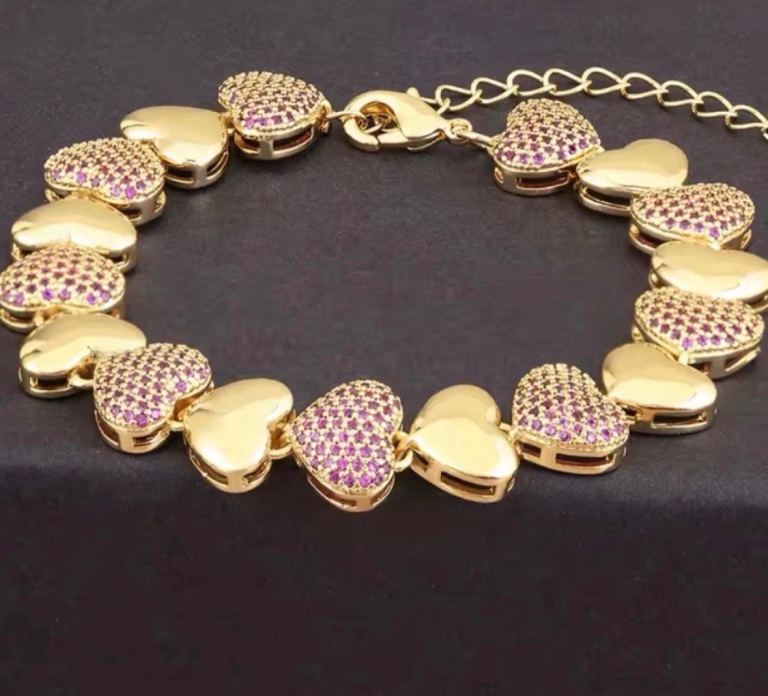 Gold Heart Bracelet with Purple Rhinestones - New