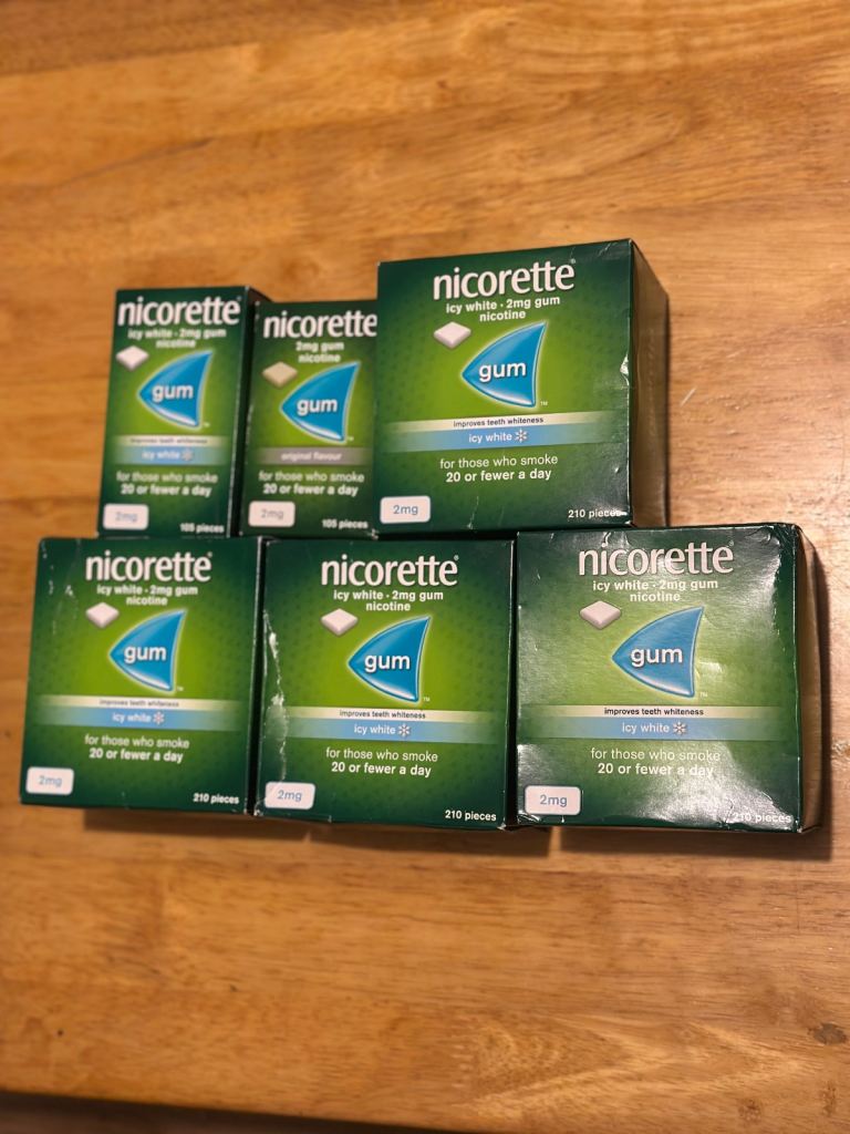 5 Five Packs Nicorette 2mg Icy White Nicotine Gum - 210 Pieces Each, Long Expiry