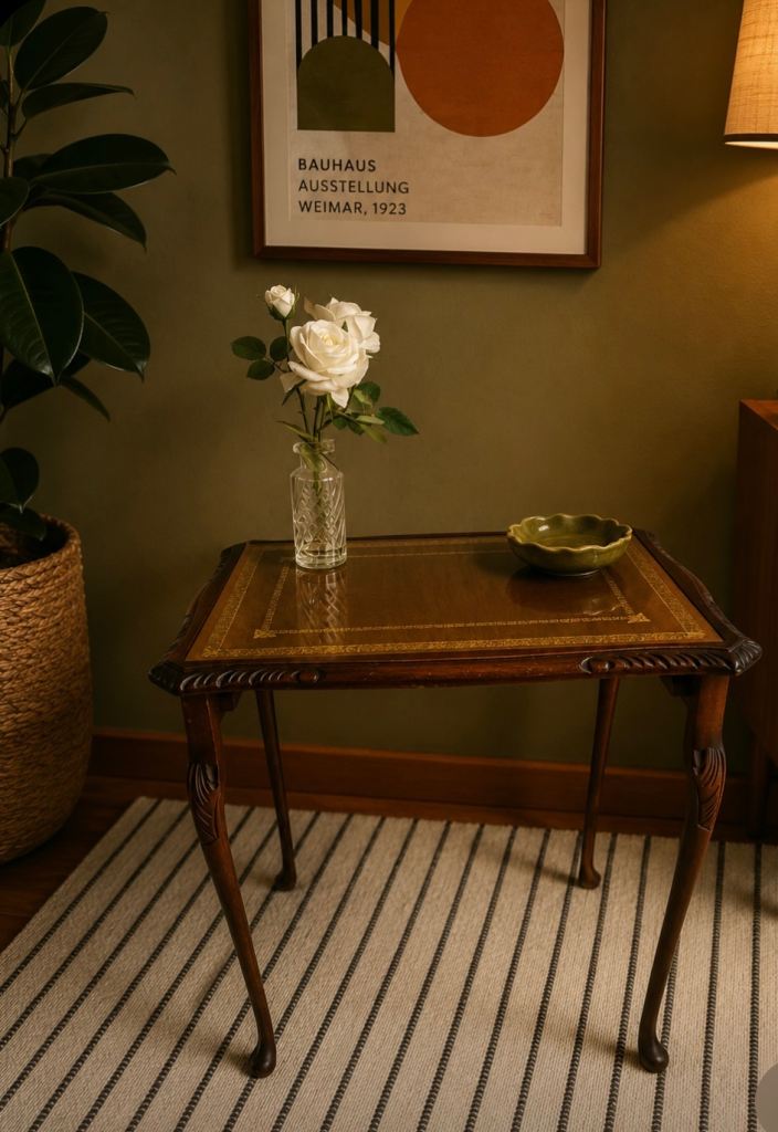 Vintage antique Wooden Coffee Table side table with Inlaid Top and glass 