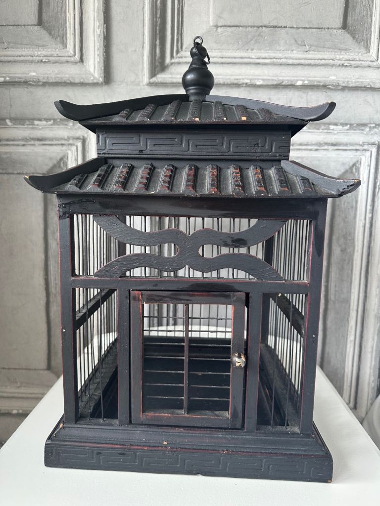 image for Ornamental oriental wooden black bird cage good size  - unique/ rare (collection off M1 junction 35)