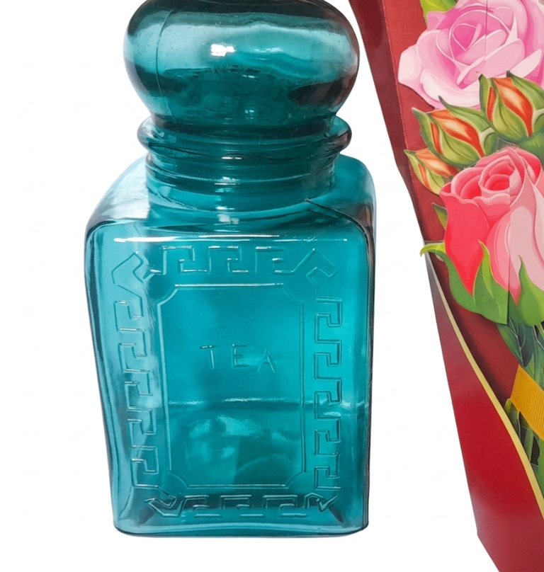 GLASS TEA CADDY - BLUE/GREEN with TEA logo and DESIGNED edging - 20 x 9 x 9 cm GOOD