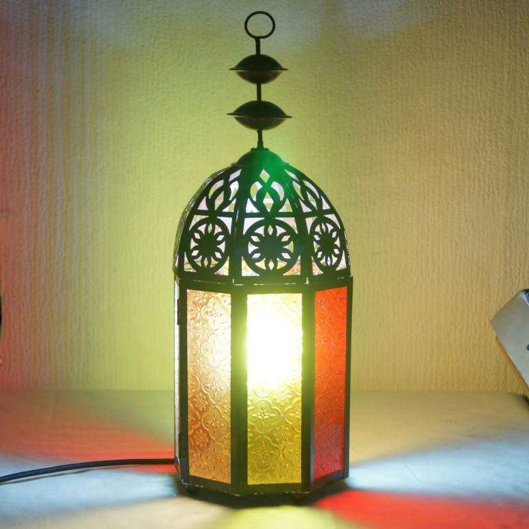 Moroccan or Moorish Style Electric Table Lamp With Multicoloured Glass Panels