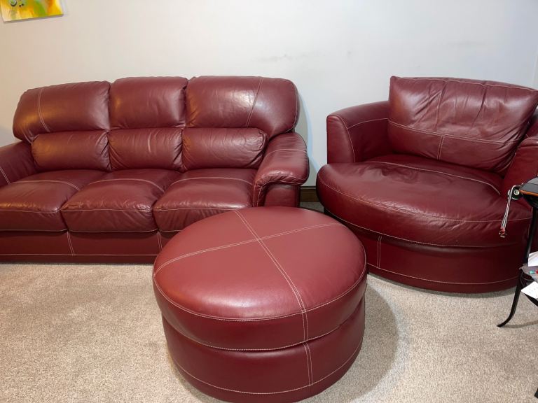 Red leather sofa cuddle chair stool