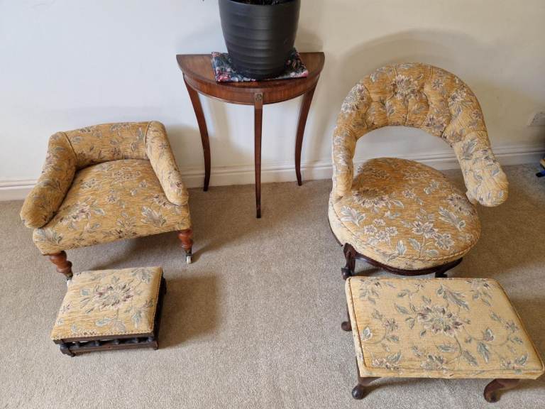 2 small matching chairs with matching footstools