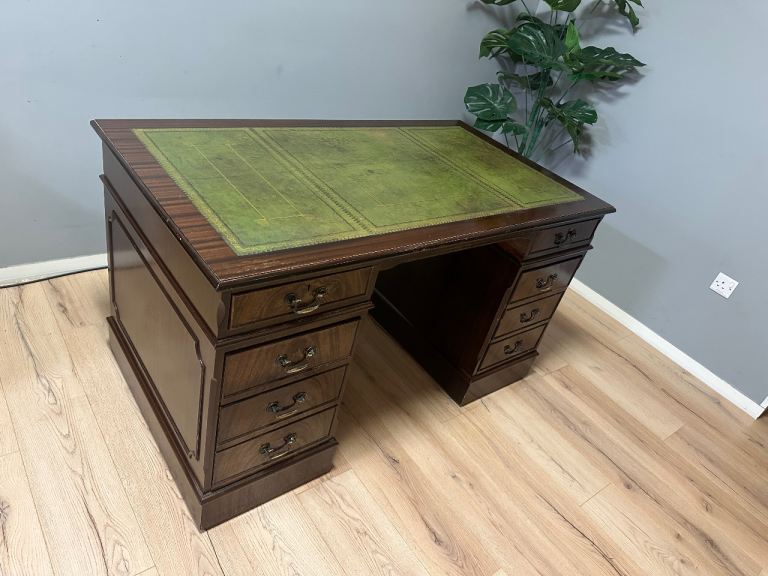 Large Antique Style Captains Bankers Desk Green Leather Twin Pedestal Partners #32