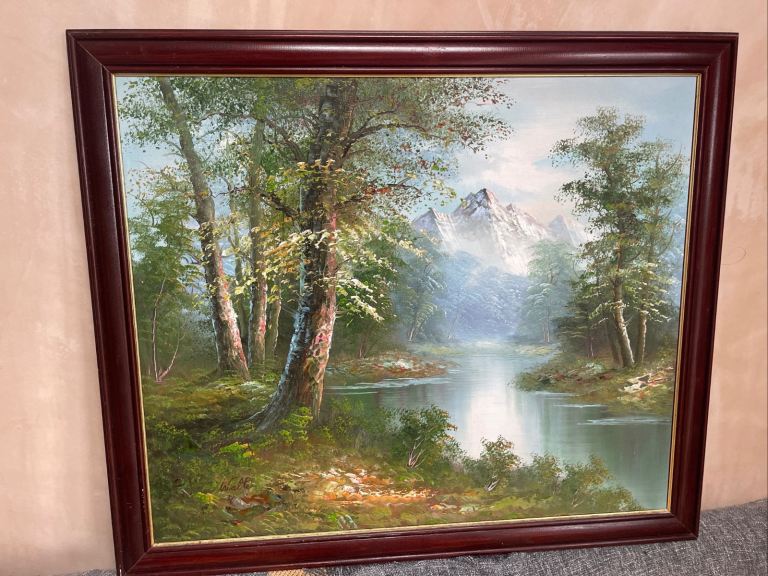 Original Oil Painting Of Mountains And Trees Signed Walter 27 x 23 Inches
