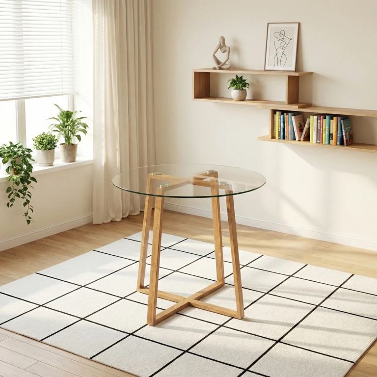 Round Glass Top, Metal Base Dining Table (Hykkon Nero)