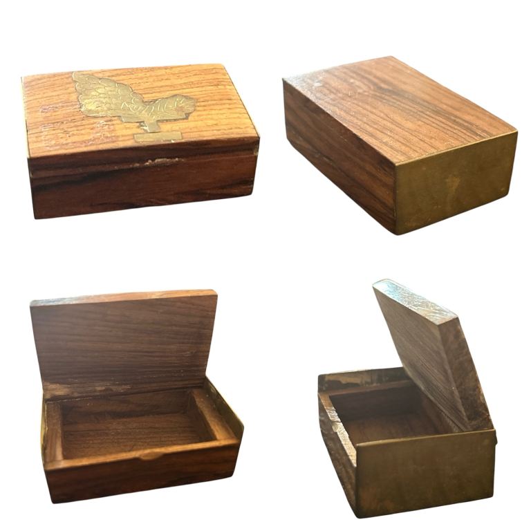 Wooden Jewellery Trinket With Inlaid Metal Bunch of Grapes & Leaf 6x4x2cm