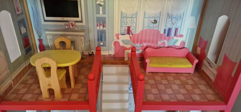 Doll house, dolls, horses and accessories 