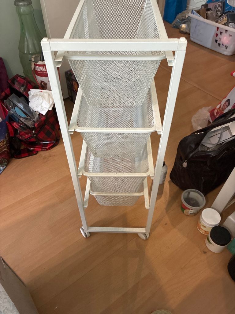 White Metal Mesh Storage Trolley with 3 Baskets on Wheels