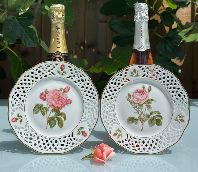 Two Vintage Arabella Bavaria Porcelain Plates, Lattice Edge & Roses