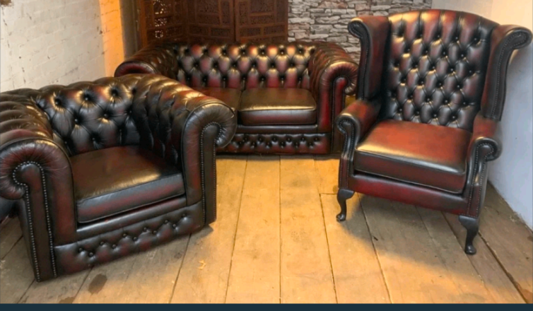 Thomas Lloyd Red Leather Chesterfield Sofa Set - 3 Piece (Wingback, Armchair, 2-Seater)