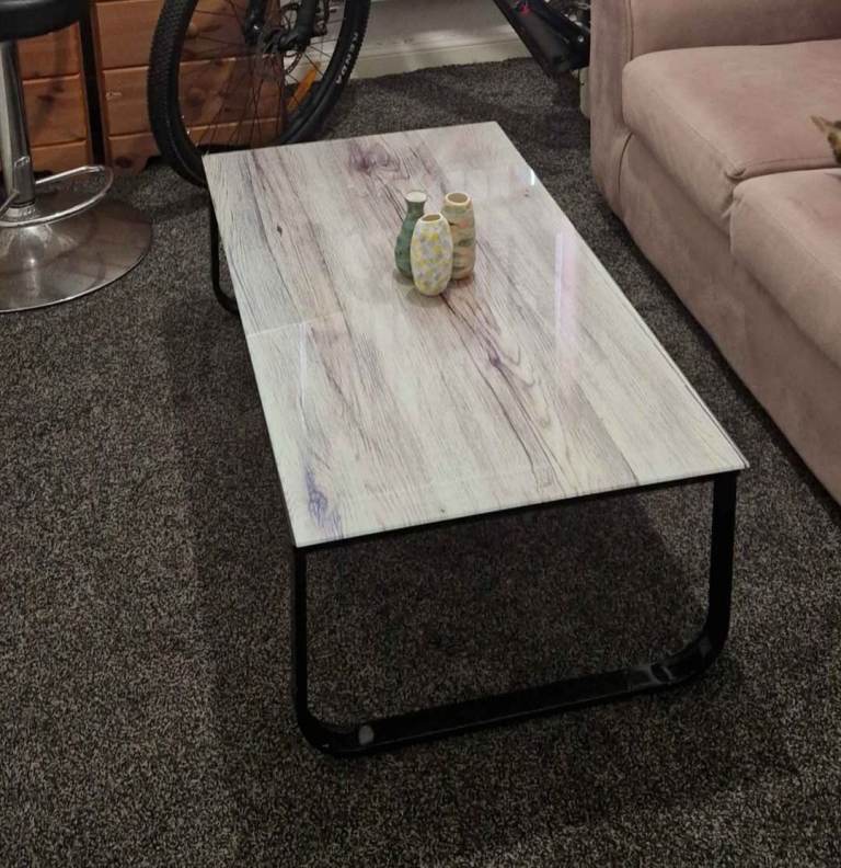 Modern Coffee Table with Wood-Effect Glass Top and Black Metal Frame