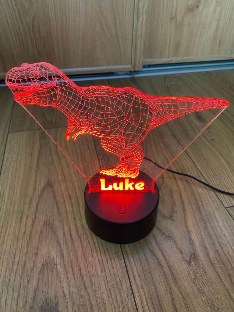3D Dinosaur T-Rex light up personalised ‘Luke’ lamp / bedside light, multiple colours 