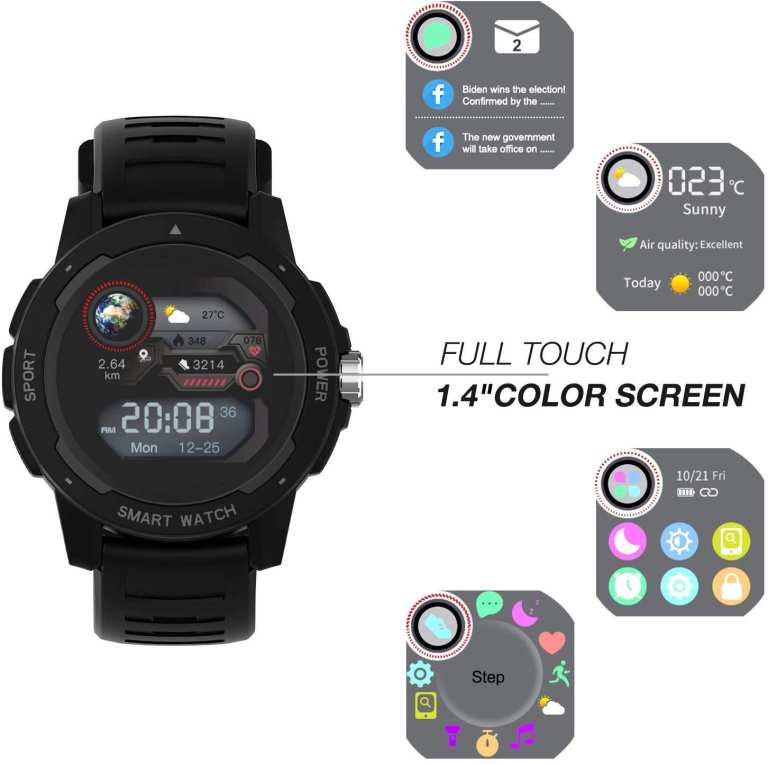Touch Screen Smart Watch Fitness Tracker 7 Sports Modes Heart Rate GPS