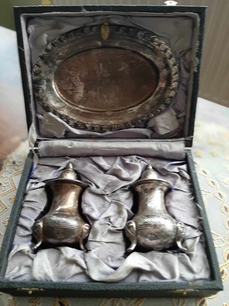 image for Vintage 3-pc Set - Silverplate on Brass Salt & Pepper Shaker & Tray in Lined Box