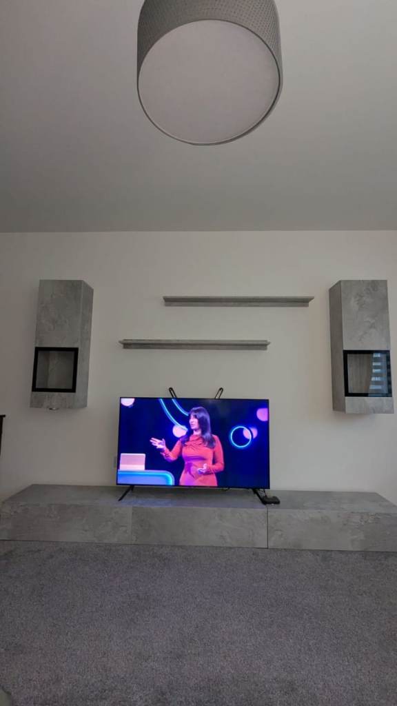 Title: Modern Grey TV Stand, Wall Cabinets & Floating Shelves – Excellent Condition