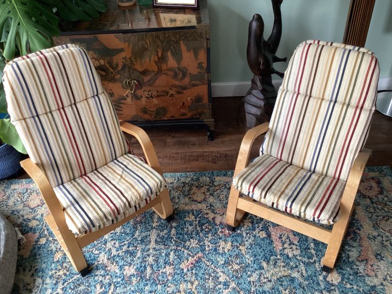 Pair of Wooden Frame Chairs with Striped Cushions – Good Condition