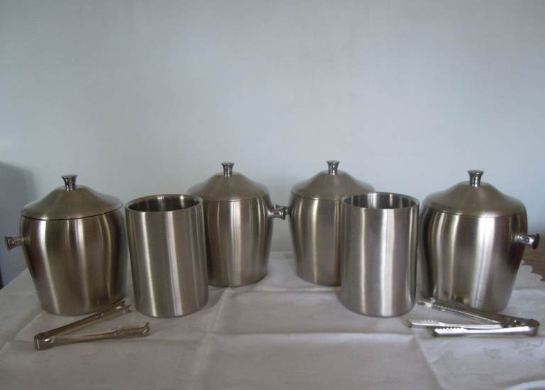 ICE BUCKETS (4) WITH LIDS & TONGS & 2 WINE COOLERS, BRUSHED STAINLESS STEEL, VGC