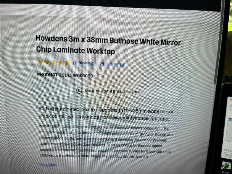 Howdens 3m x 38mm White Mirror Chip Laminate Worktop NEW