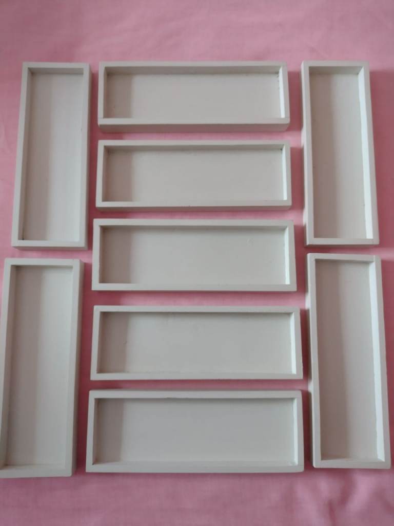 9 Small Wooden Trays or Drawer Dividers, as original with a white paint finish.