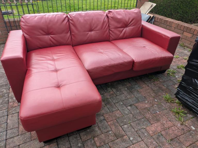 Red Leather Corner Sofa and Matching Armchair