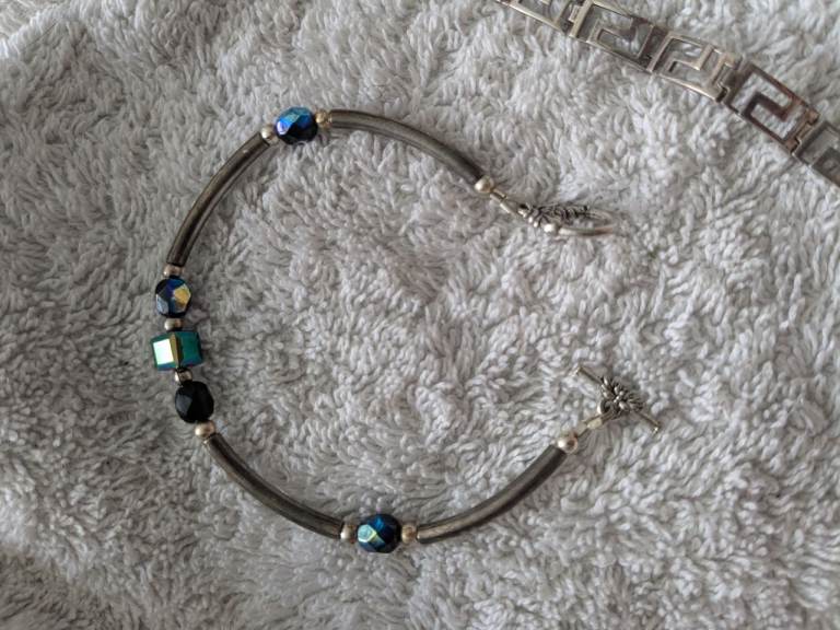 Artisan Sterling Silver Curved Noodle Tube Bracelet Iridescent Crystals Toggle