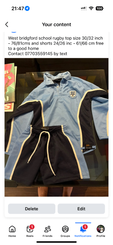 West Bridgford School Rugby Kit - Top & Shorts, Good Condition
