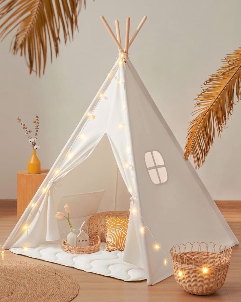 Kids cotton teepee play tent with fairy lights, designed for indoor and outdoor play, reading