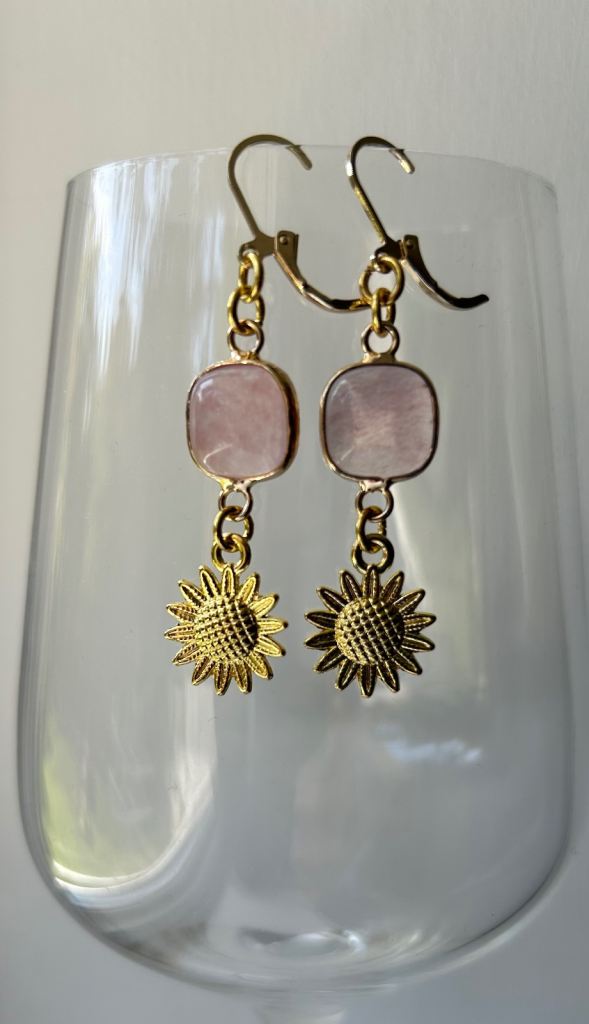Pink crystal and gold sunflower earrings 