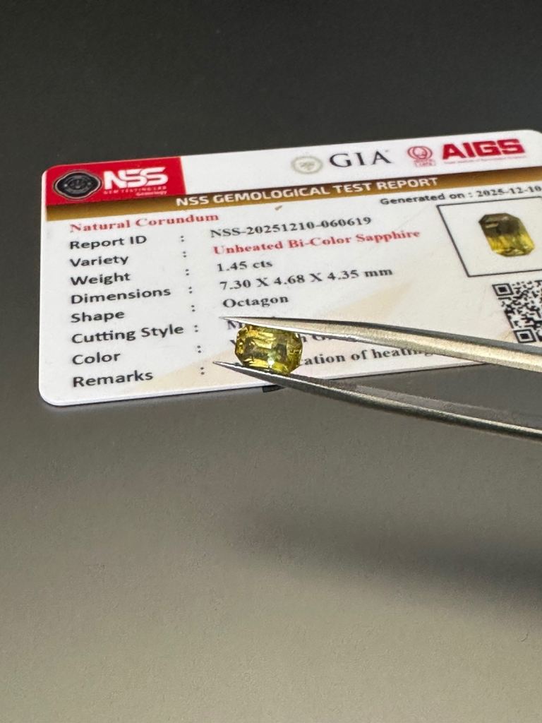 Natural Unheated Ceylon Bi-Color Sapphire 1.45ct – Octagon Cut Yellowish Green Gemstone