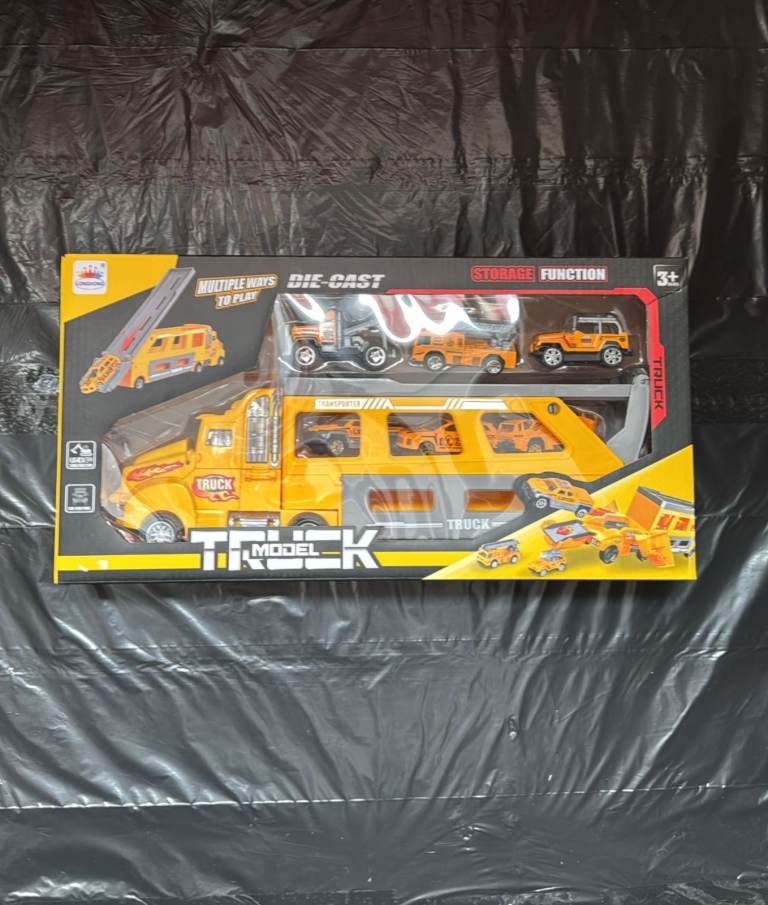 Transporter Truck Toy Set – Die‑Cast Vehicles & Storage Trailer (3+)