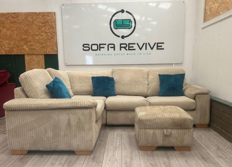 Beige cord DFS corner sofa bed with matching footstool DELIVERY AVAILABLE 