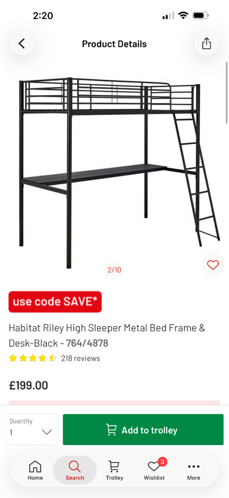 Habitat Riley High Sleeper Metal Bed Frame & Desk - Black