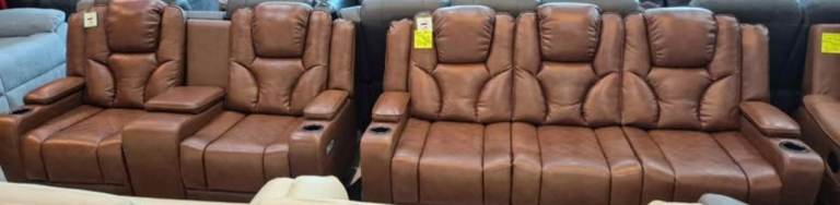 Brown Real Leather Recliner Sofa with Cupholders – As Good As New