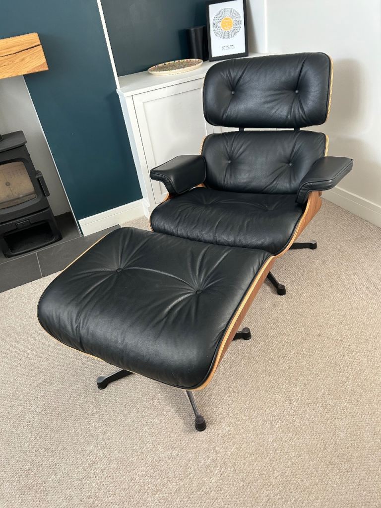 Black Leather & Walnut Eames Style Chair with Ottoman – Excellent Condition