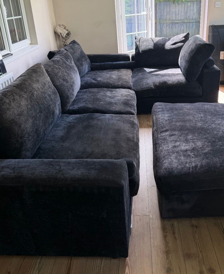 Large black barker and stonehouse corner sofa & stool