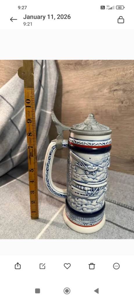 Vintage 1981 Hand Crafted in Brazil Exclusively for Avon Products Large Heavy Airplane Tankard |