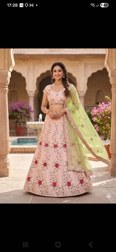 Pink Floral Lehenga Choli Set with Green Dupatta - Indian Bridal Wedding Dress