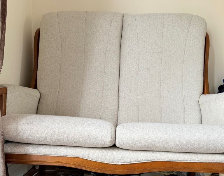 Vintage Two-Seater Sofa – Cream Fabric, Wood Frame
