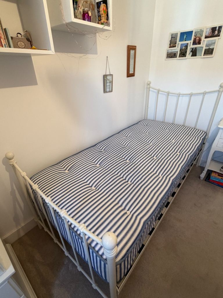Ornate Antique Effect White Metal Single Bed With Mattress.