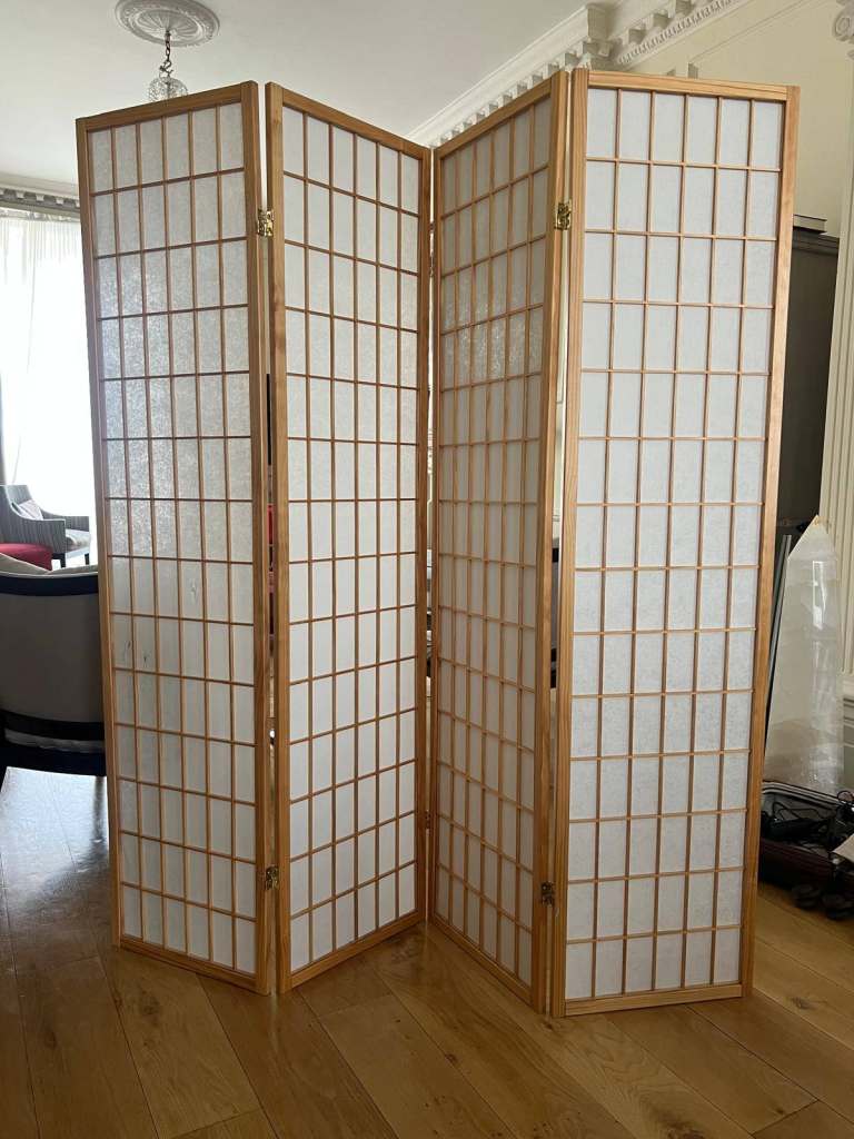 Natural Wood Four-Panel Room Divider Screen - Set of 3 - Good Condition