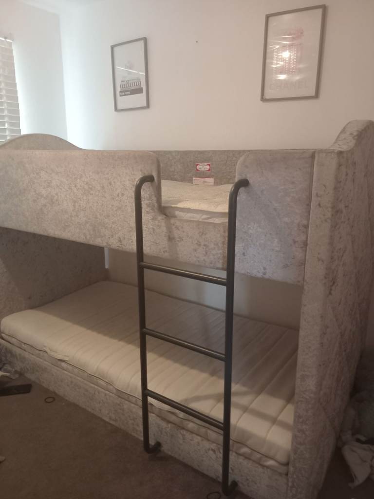 Bunk Bed in Grey Velvet Fabric – Good Condition