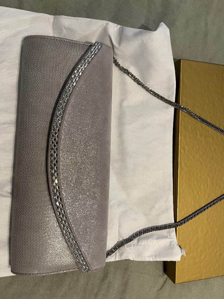 Silver suede over shoulder bag with sparkle trim