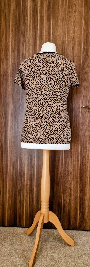 Warehouse Leopard Print T-Shirt Size 12 - Black Trim Cotton Ringer Tee
